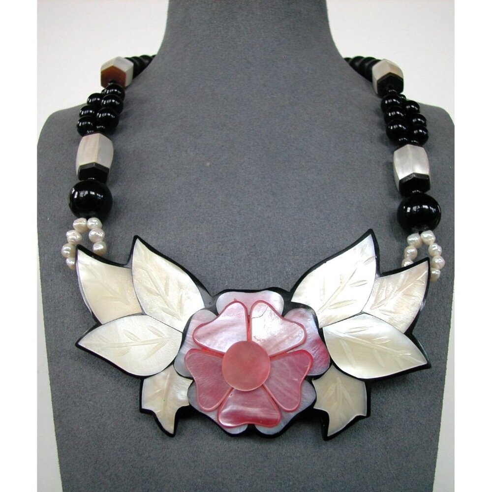 Mother Of Pearl Statement Necklace With Floral Design 24"